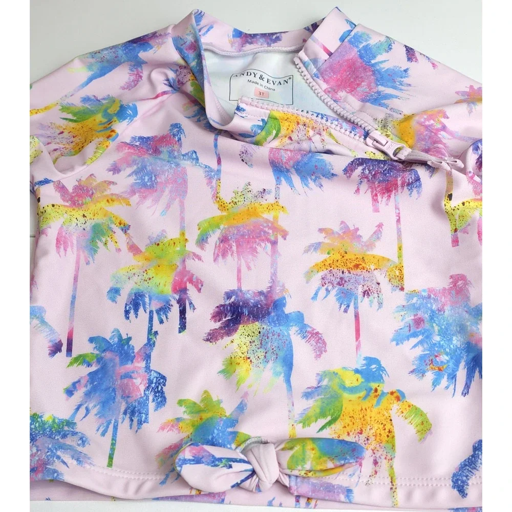 Andy & Evan Girl‎ 3T Swim Rash Guard Shirt Mock Neck Zip Palm Trees Pink Beach